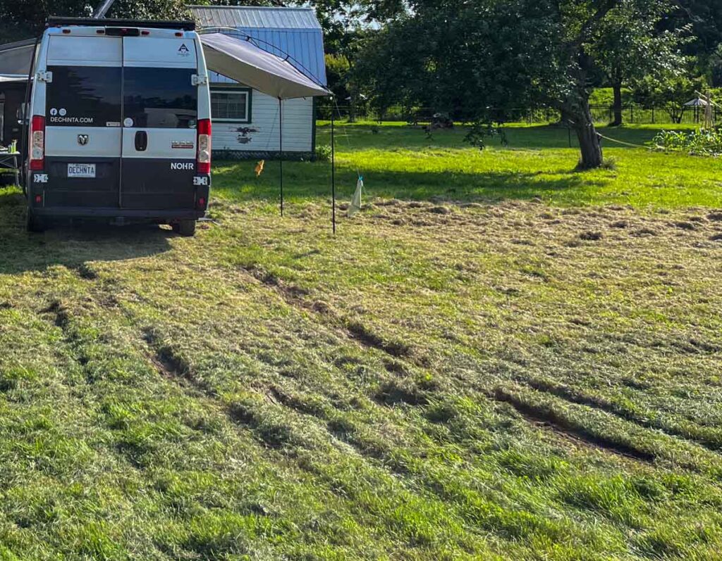 Promaster avec traces dans le gazon mou